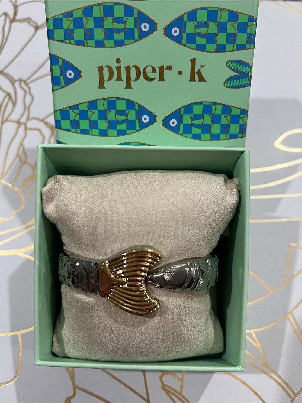 Piper K Fish Hinged Bangle Cuff Bracelet Two Tone Silver Gold Nautical Crystal